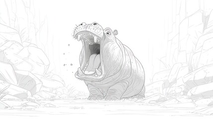 A detailed line drawing of a yawning hippo, showcasing a wide open mouth and teeth