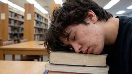 Exhausted young student sleeps on a pile of textbooks in a university library, reflecting the intense demands and academic pressure of higher education