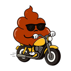 Poop emoji character riding a motorcycle wearing sunglasses