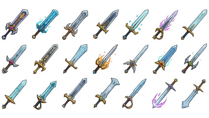 Naklejka premium Collection of Fantasy Swords with Unique Designs and Magical Elements.