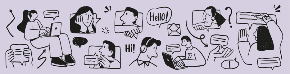 Hand drawn communication doodle illustration set with people chatting, video calls, messages, notifications and reactions. Modern black line art for social media, apps, websites and editorial design. © Andrey