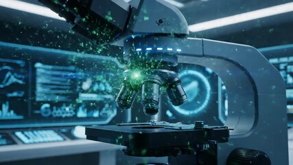 A dramatic close-up shot of a digital microscope analyzing glowing green particles, surrounded by futuristic blue-lit hud screens in a modern scientific laboratory. - Powered by Adobe