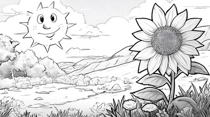 Black-and-white illustration of a smiling sun, sunflower, and a distant landscape