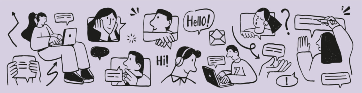 Hand drawn communication doodle illustration set with people chatting, video calls, messages, notifications and reactions. Modern black line art for social media, apps, websites and editorial design.