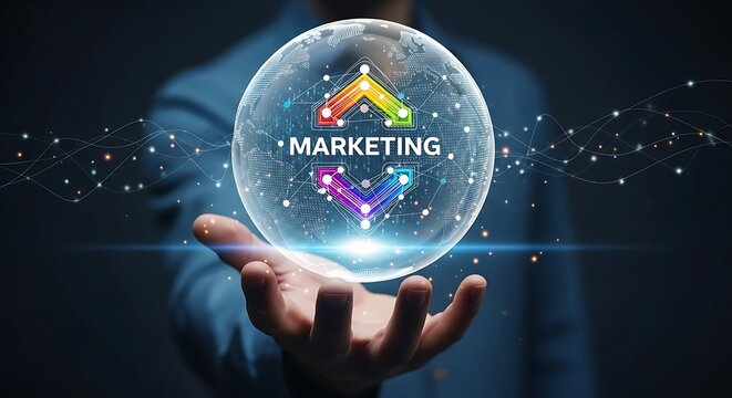 A person's hand holds a glowing digital sphere featuring the word "MARKETING" surrounded by a vibrant network of interconnected arrows, symbolizing integrated communication strategies.