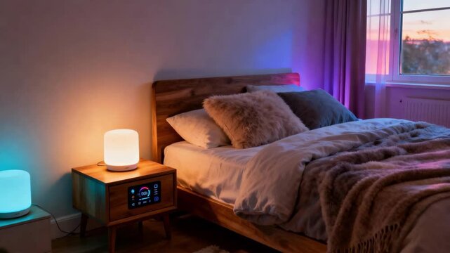 Medium shot showing a cozy bedroom where IoTenabled smart lights change colors and brightness for mood customization