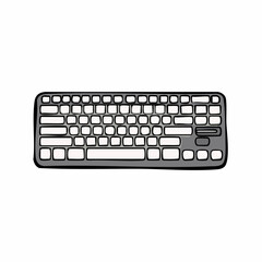 A detailed illustration of a modern, slim, wireless computer keyboard with a dark gray finish and white keycaps.