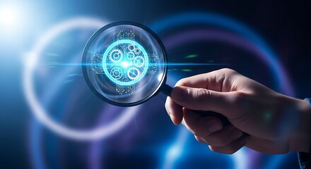 A human hand holds a magnifying glass over a glowing blue digital gear and circuit symbol, representing detailed analysis and technological investigation.