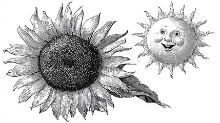 Black and white etched illustration featuring a large sunflower and a smiling sun