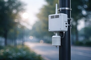 Outdoor environmental sensor mounted on a street pole capturing air quality data in a tranquil urban setting enhancing public safety and technology integration