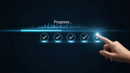 Digital progress interface with hand interaction illustrating data loading and completion in a modern tech environment