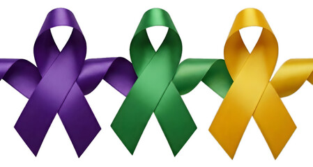 Set of Three Satin Awareness Ribbons in Purple Green and Yellow Isolated on White.