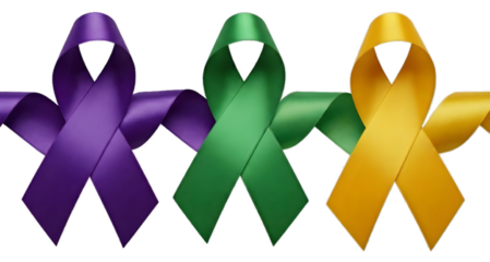 Set of Three Satin Awareness Ribbons in Purple Green and Yellow Isolated on White.