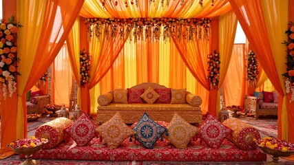 The luxurious, warm orange and yellow interior decoration of a traditional indian wedding mandap, showcasing a richly adorned sofa awaiting the ceremony.