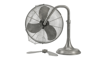 Broken electric fan stands alone on a transparent background with visible damage to its blades and grill