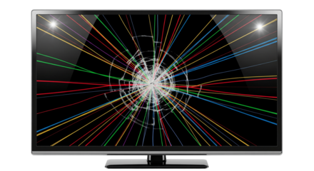 Smashed flat screen TV with broken glass and colorful lines on the display