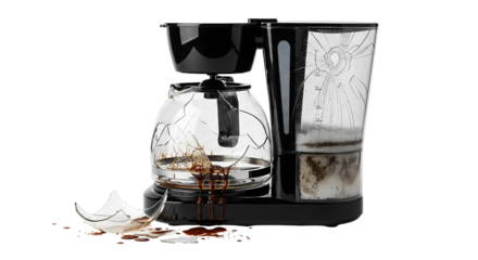 Smashed coffee maker with broken glass and spilled coffee placed on transparent background