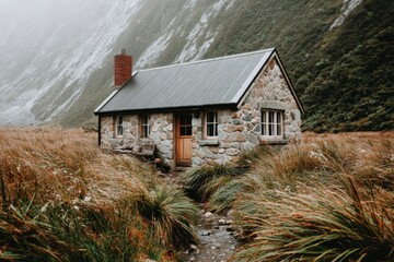 Rustic stone cottage nestled in a serene natural setting, with a mountain range backdrop