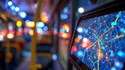 Focused shot of a digital map display showing AIdriven route optimization with blurred city lights in the background emphasizing transit efficiency.