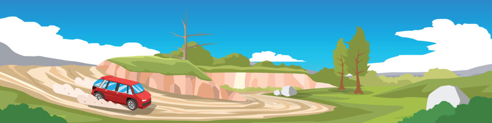 Red SUV driving on dirt road with dust trail near cliff. Adventure off-road travel. Dirt road that curves down from the hill. Under blue sky and white clouds. Concept vector illustration for banner. © thongchainak