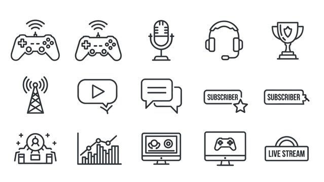 Collection of gaming and streaming icons in outline style. - Powered by Adobe