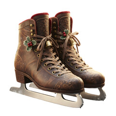 Vintage Leather Ice Skates with Christmas Holly and Gold Bells Isolated on White.