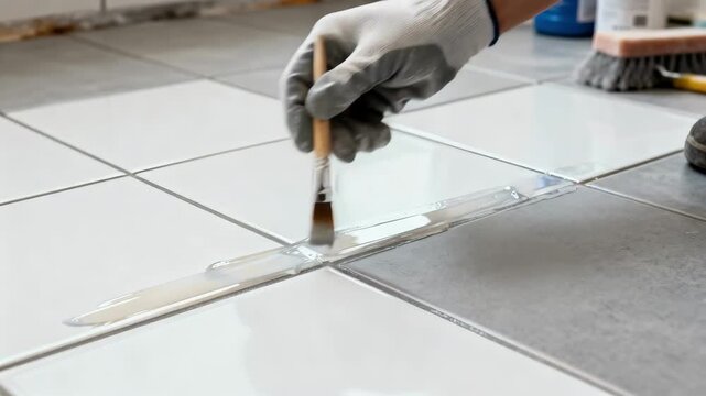 Medium shot showing sealing of grout after cleaning highlighting the careful application of protective sealant to preserve grout durability and enhance tile longevity.