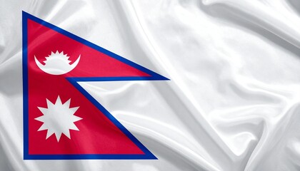 Nepalese national flag with crimson red background, blue border, and white moon and sun symbols in snowy mountain setting