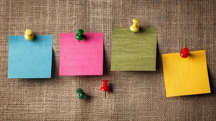 Four colorful sticky notes pinned on a textured burlap background, featuring blue, pink, yellow,