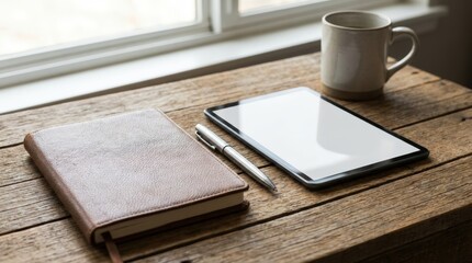 Planning and organizing ideas with a notebook tablet and coffee mug on a wooden desk in a cozy office environment