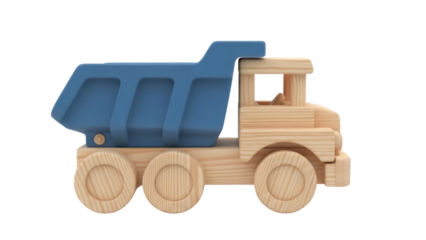 Isolated wooden toy dump truck for kids, handcrafted, construction vehicle and children's games