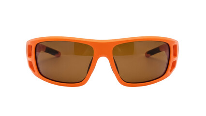 Isolated pair of sporty orange sunglasses provide sun protection for active outdoor lifestyles.