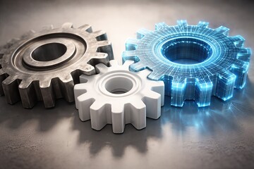 Three interconnected gears representing collaboration in modern technology with a contrast of materials and digital elements reflecting innovation in engineering and design