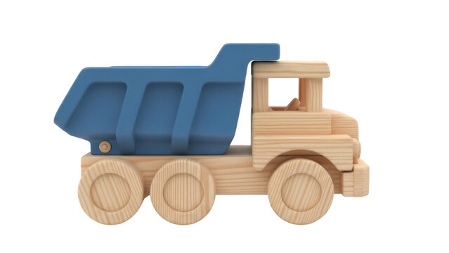 Isolated wooden toy dump truck for kids, handcrafted, construction vehicle and children's games