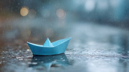 A small blue paper boat floats on reflective water with blurred lights and raindrops creating a wet ambiance.