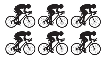 Naklejka premium Cyclist in various positions riding a bicycle in black silhouette on white background for sports and fitness themes