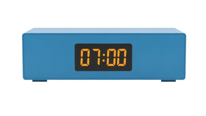 Isolated modern blue alarm clock displaying the time 0700 for wake up morning reminder
