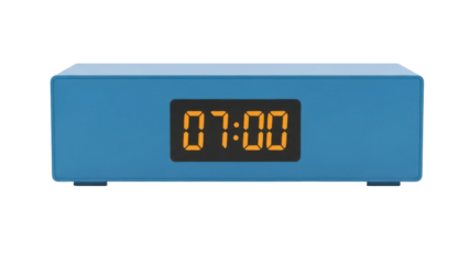 Isolated modern blue alarm clock displaying the time 0700 for wake up morning reminder