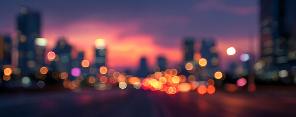 Blurred city lights at dusk with vibrant sunset and bokeh effect