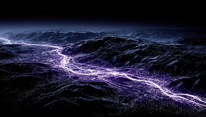High-altitude, digital representation of a valley and river system, with purple light trails suggesting urban areas.  Mountains frame the valley