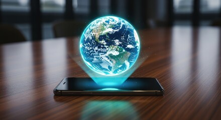 Futuristic concept of a holographic Earth projection from a mobile phone technology