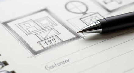 Close up shot showcasing design planning through sketches and a pen on a notebook