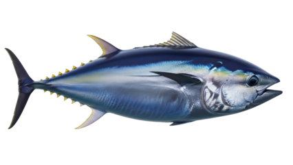 Isolated Yellowfin Tuna Swimming underwater, a large saltwater fish, for sushi and food