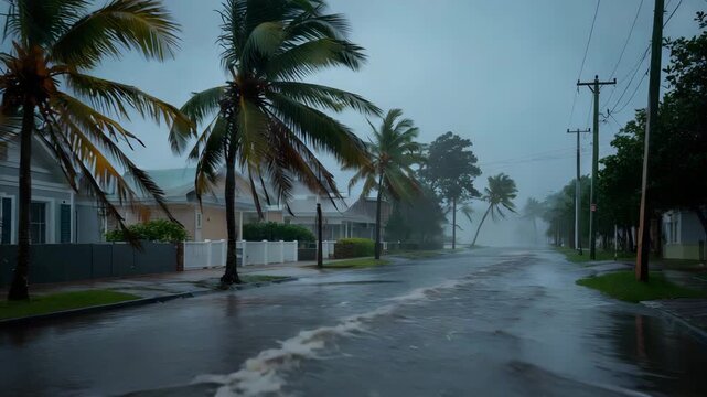 Flooding hits a residential neighborhood with palm trees swaying