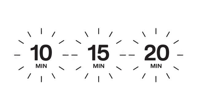 Timer icons for 10, 15, and 20 minutes in simple black and white design for mobile app interface