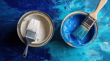 Two open cans of paint on a textured blue surface, one with white paint and a black-handled brush,