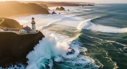 Dramatic Coastal Scenery with Lighthouse and Crashing Waves at Sunset Oregon Coast