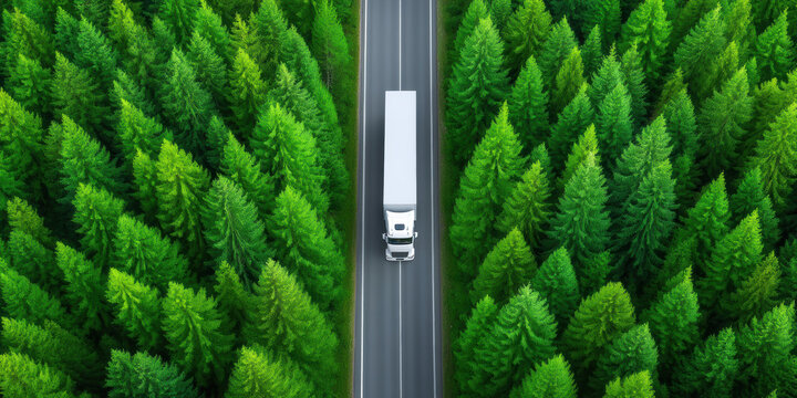 White semi truck drives on road in peaceful green forest for e commerce delivery