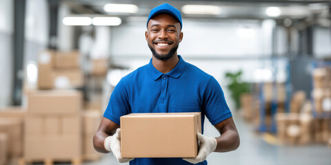 Happy delivery worker holding box for green e commerce logistics