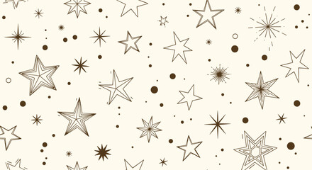 Seamless celestial pattern with hand drawn stars and dots on a cream background, suitable for cosmic and night sky themes.